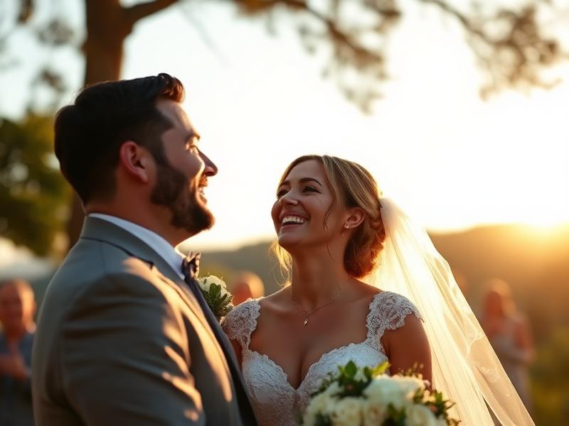 Couple laughing during a golden-hour wedding