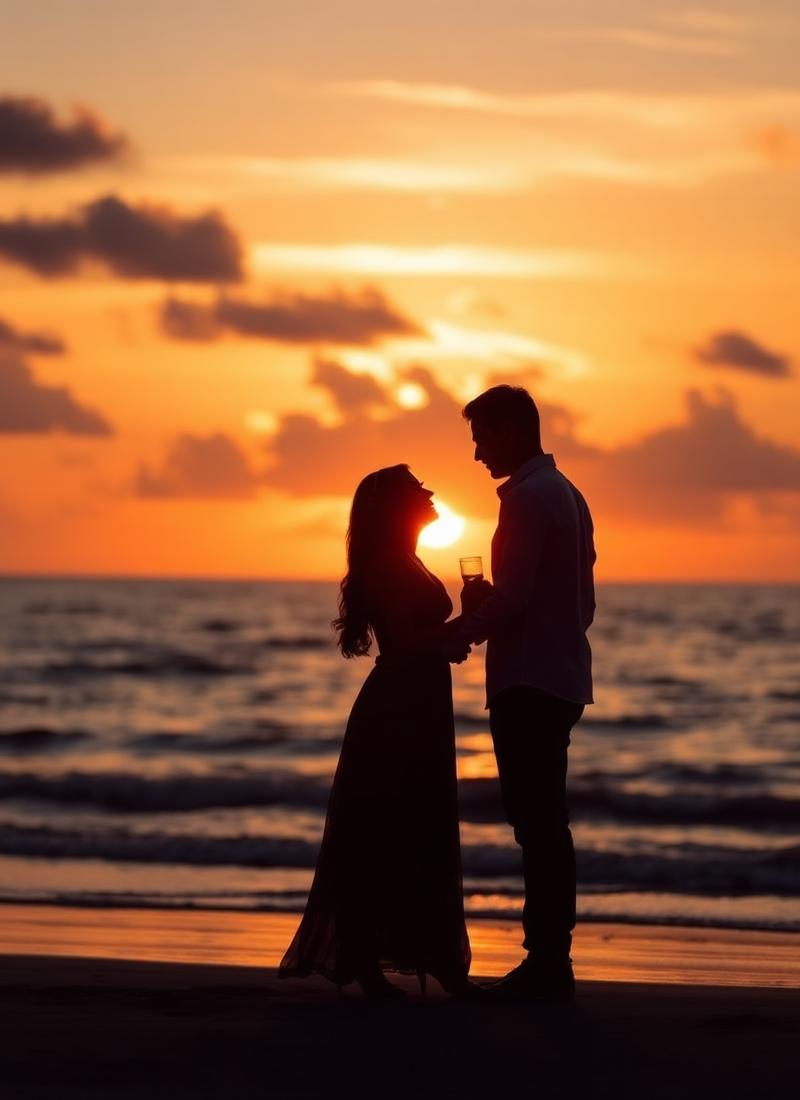 Couple silhouette at sunset on the beach