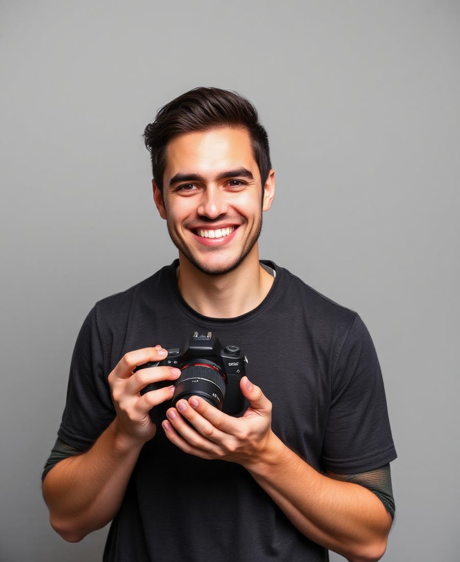 Louis Bailon, professional photographer holding a camera